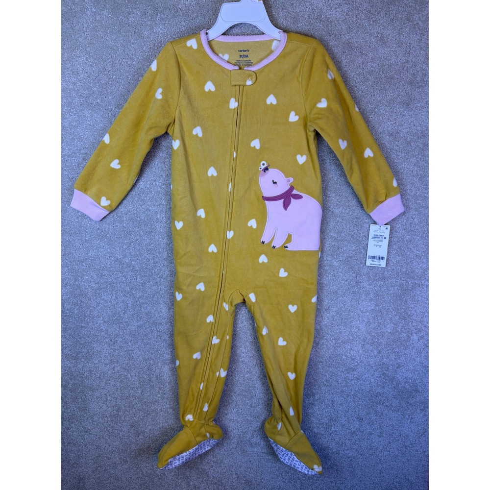 Carter's Footed Pajamas Toddler 3T Yellow Heart Bear Fleece Sleeper NEW